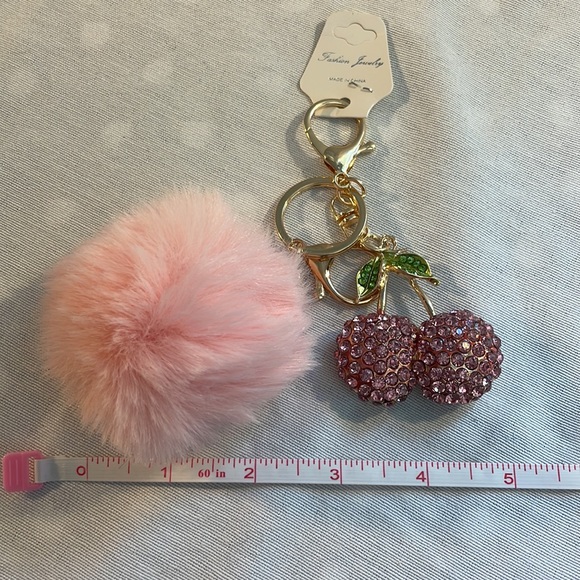 NEW PINK Pom with Rhinestone cherry charm luxury style keychain - Picture 4 of 6